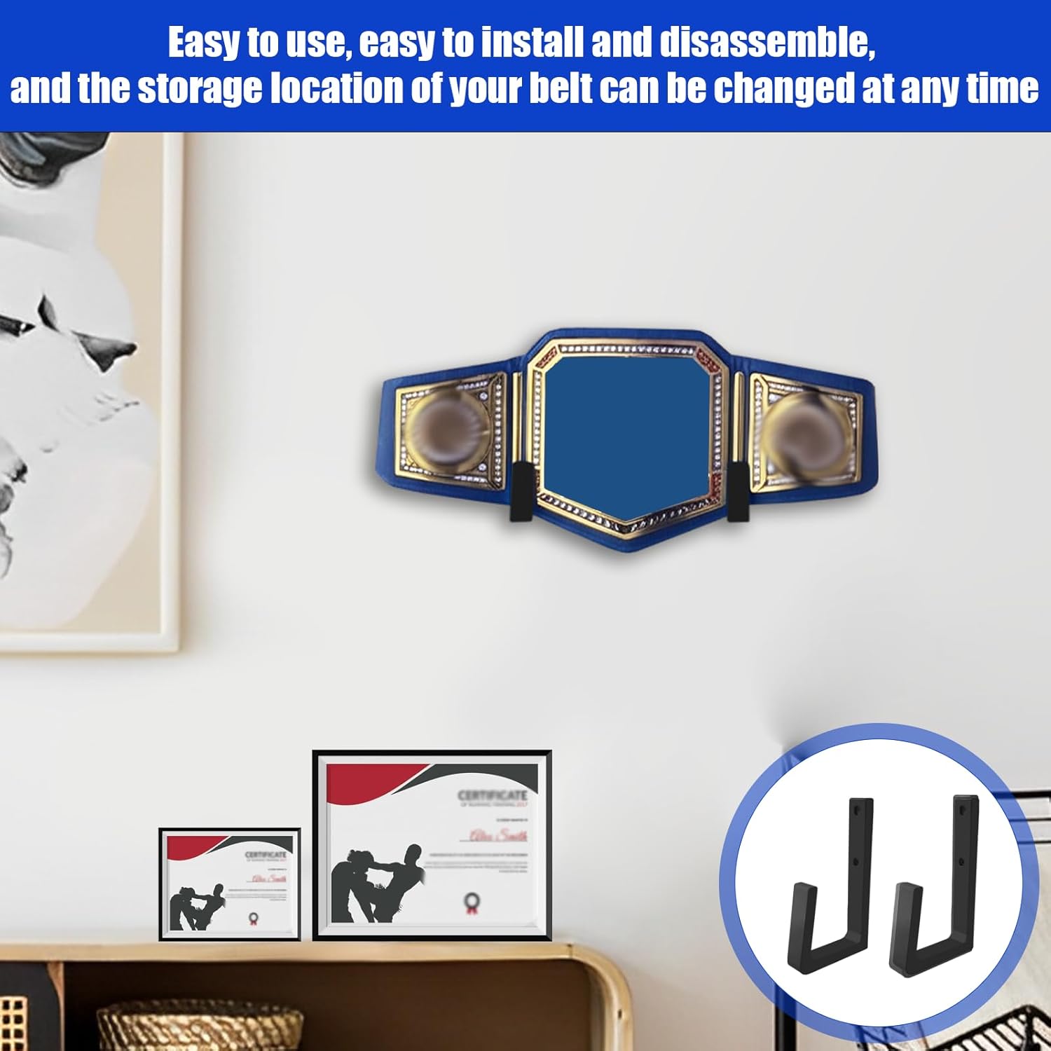 Wrestling Championship Belt Display Holder for Wall, Belt Horizontal Wall Mount Organizer, Wall Mounted Belt Display for Wrestlers Championship Hanging Display